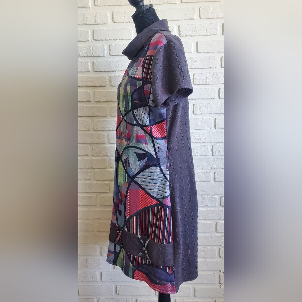 Smash! Abstract Patchwork Midi Cowl Neck Sweater Dress Short Sleeves Boho Hippie - Picture 9 of 16